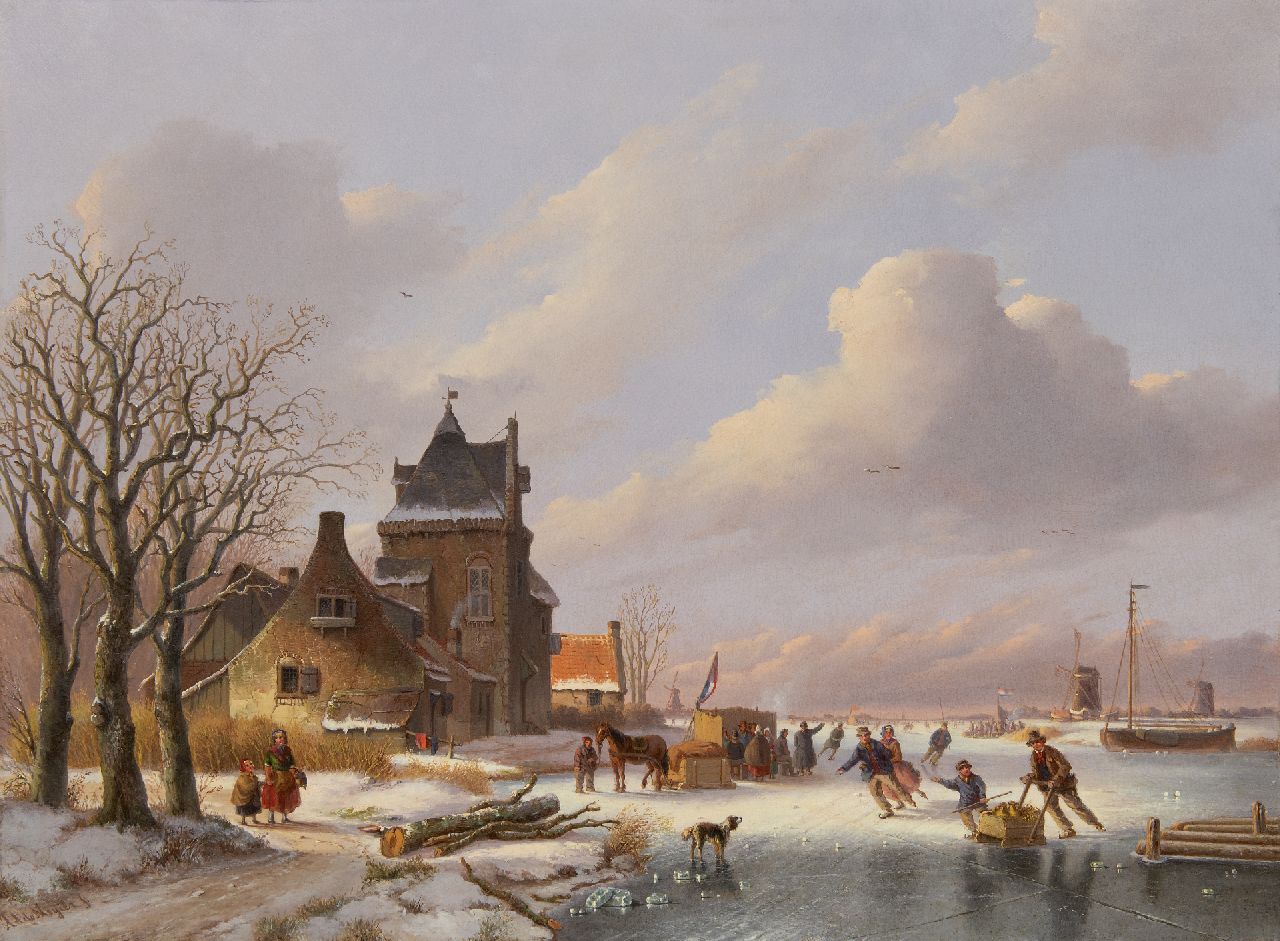 Meijier A.A. de | Anthony Andreas de Meijier, Winterlandschaft mit Schlitschuhläufern und Bude auf dem Eis, Öl auf Holz 53,5 x 72,9 cm, Unterzeichnet u.l.