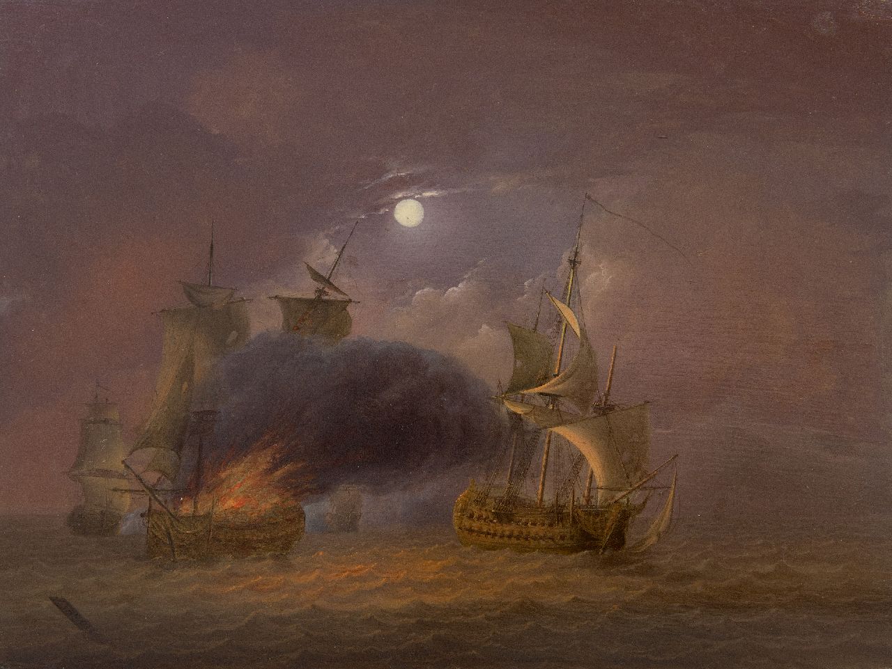 Os J. van | Jan van Os | Gemälde zum Verkauf angeboten | Seeschlacht bei Vollmond, Öl auf Holz 26,6 x 35,3 cm, Unterzeichnet u.l. und zu datieren ca. 1800