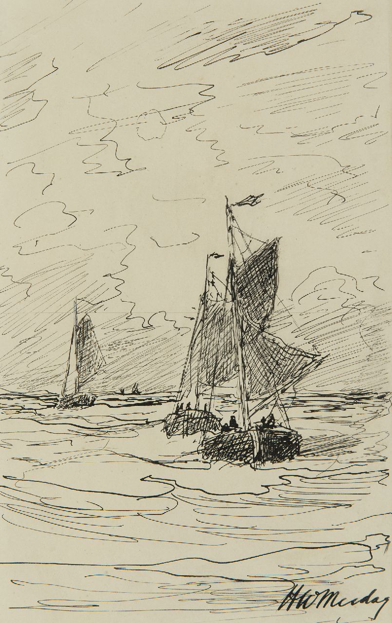 Mesdag H.W.  | Hendrik Willem Mesdag, Die See mit 'Bomschiffe' in der Ferne, Feder und Tinte auf Papier 20,7 x 13,0 cm, Unterzeichnet u.r.