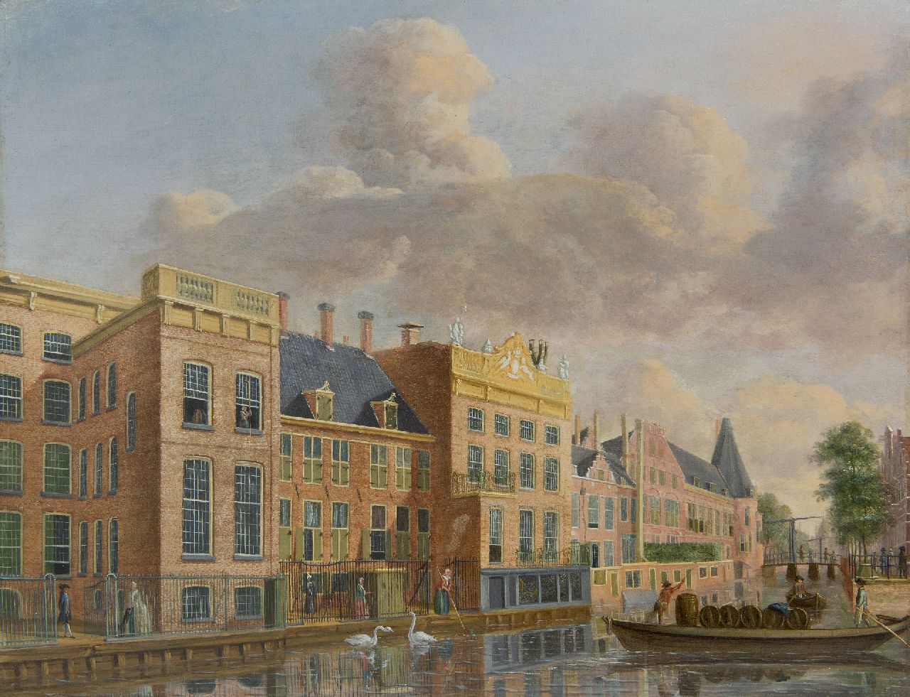 Jan ten Compe | Sicht auf die Amstel mit den Häusern an der Doelenstrasse und Kloveniersdoelen, Amsterdam, Öl auf Holz, 32,6 x 42,6 cm, Unterzeichnet mit Initialen an der Wand unten rechts