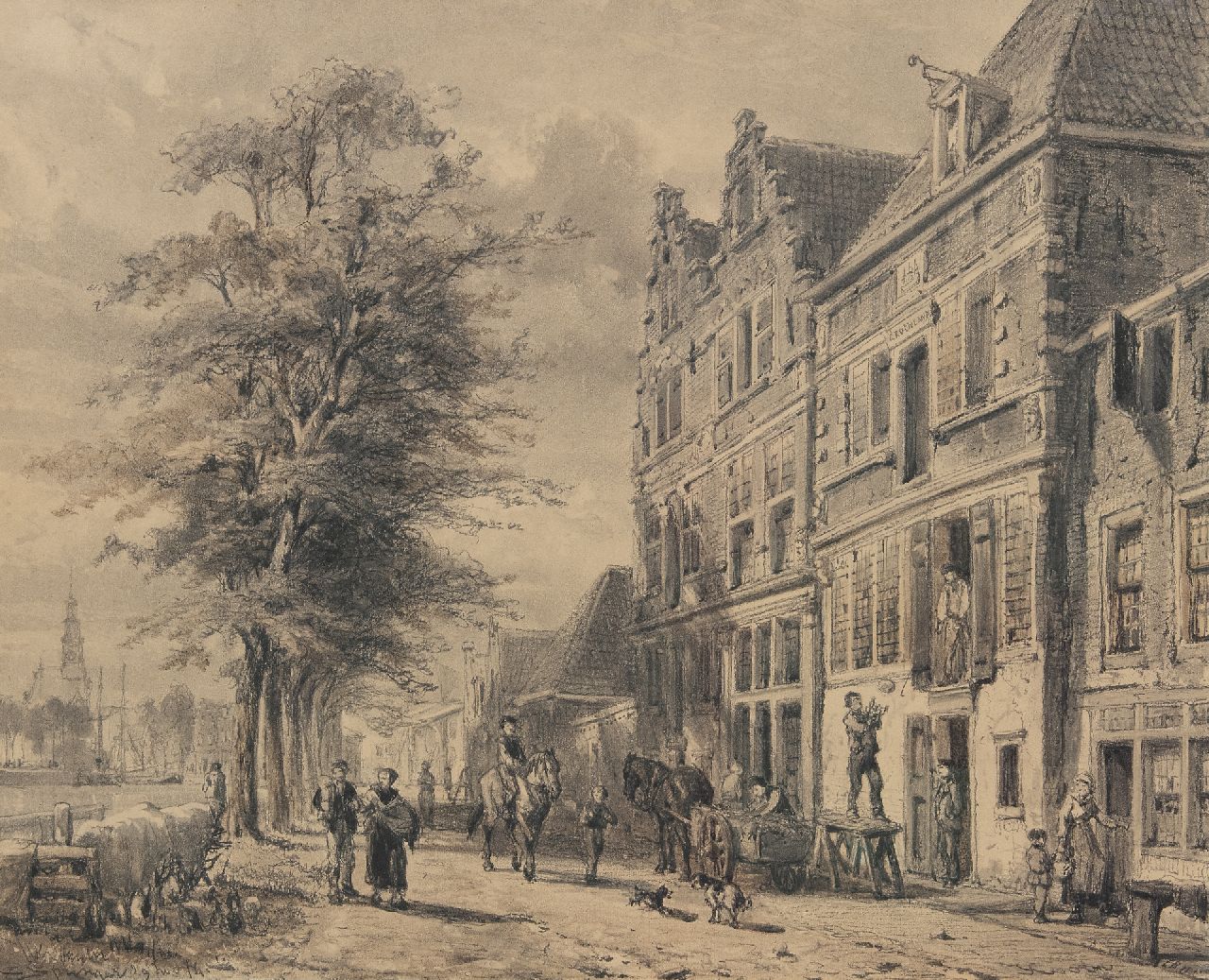 Springer C.  | Cornelis Springer, Die Doelenkade in Hoorn, Holland, im Sommer, Holzkohle  auf Papier 51,2 x 63,5 cm, Unterzeichnet u.l. und datiert 29 nov. '74