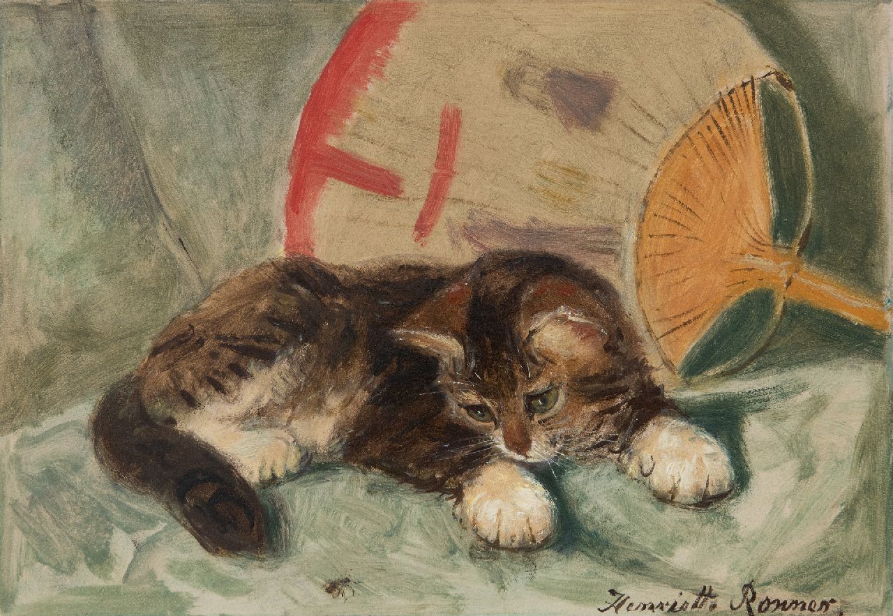 Ronner-Knip H.  | Henriette Ronner-Knip, Kätzchen mit einer Fliege, Öl auf Papier auf Holzfaser 21,8 x 31,2 cm, Unterzeichnet u.r.
