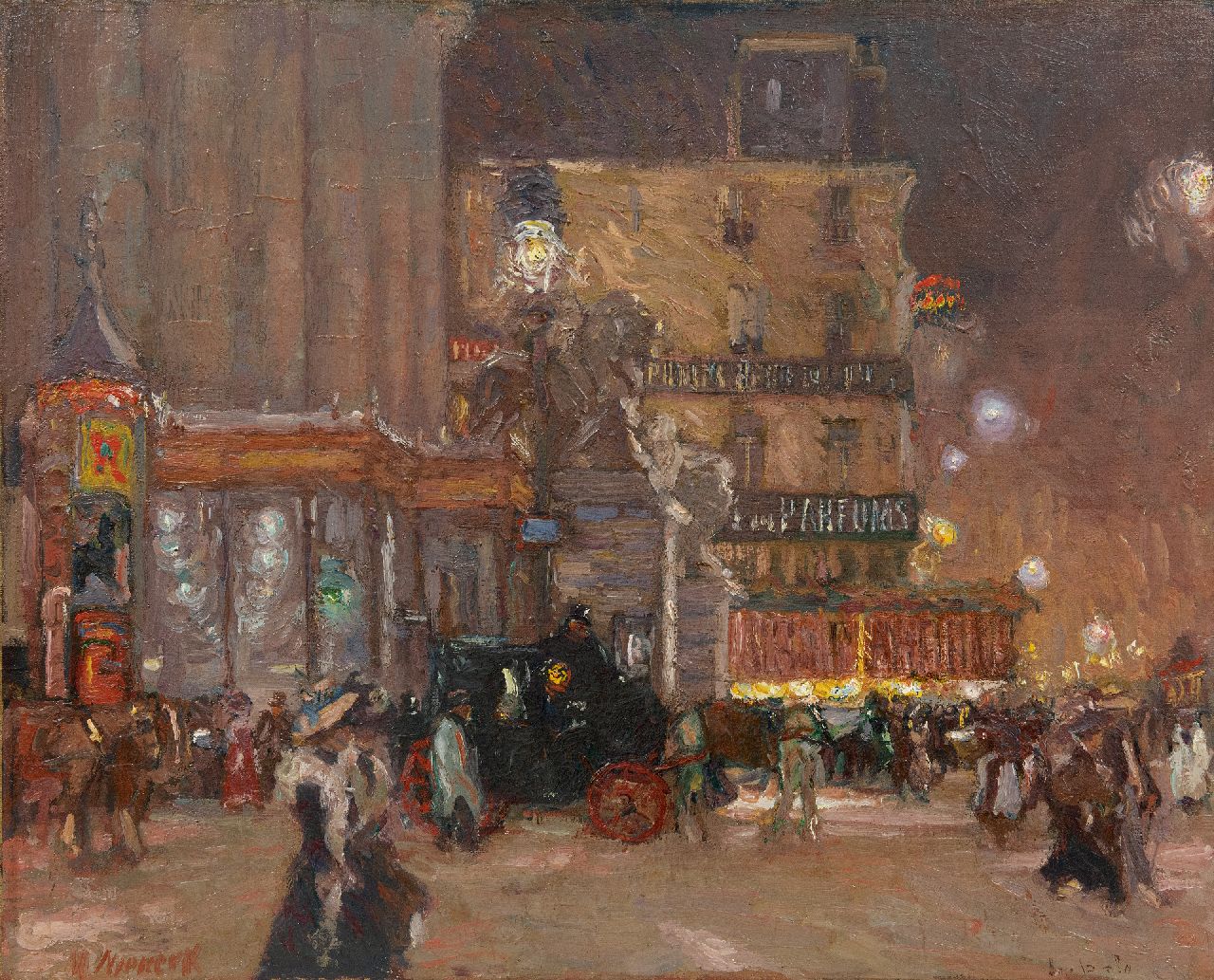 Niekerk M.J.  | 'Maurits' Joseph Niekerk, Nachtleben in Brüssel auf der Place de la Bourse, Öl auf Leinwand auf Holz 55,9 x 70,0 cm, Unterzeichnet u.l. und zu datieren um 1903-1908