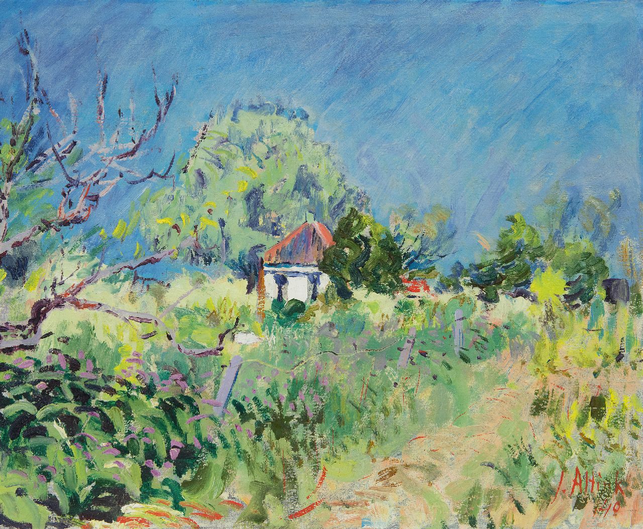 Altink J.  | Jan Altink | Gemälde zum Verkauf angeboten | Blauwborgje; auf der Rückseite: Landschaft mit Pferd auf der Wiese, Öl auf Leinwand 44,0 x 53,3 cm, Unterzeichnet u.r. und datiert '40