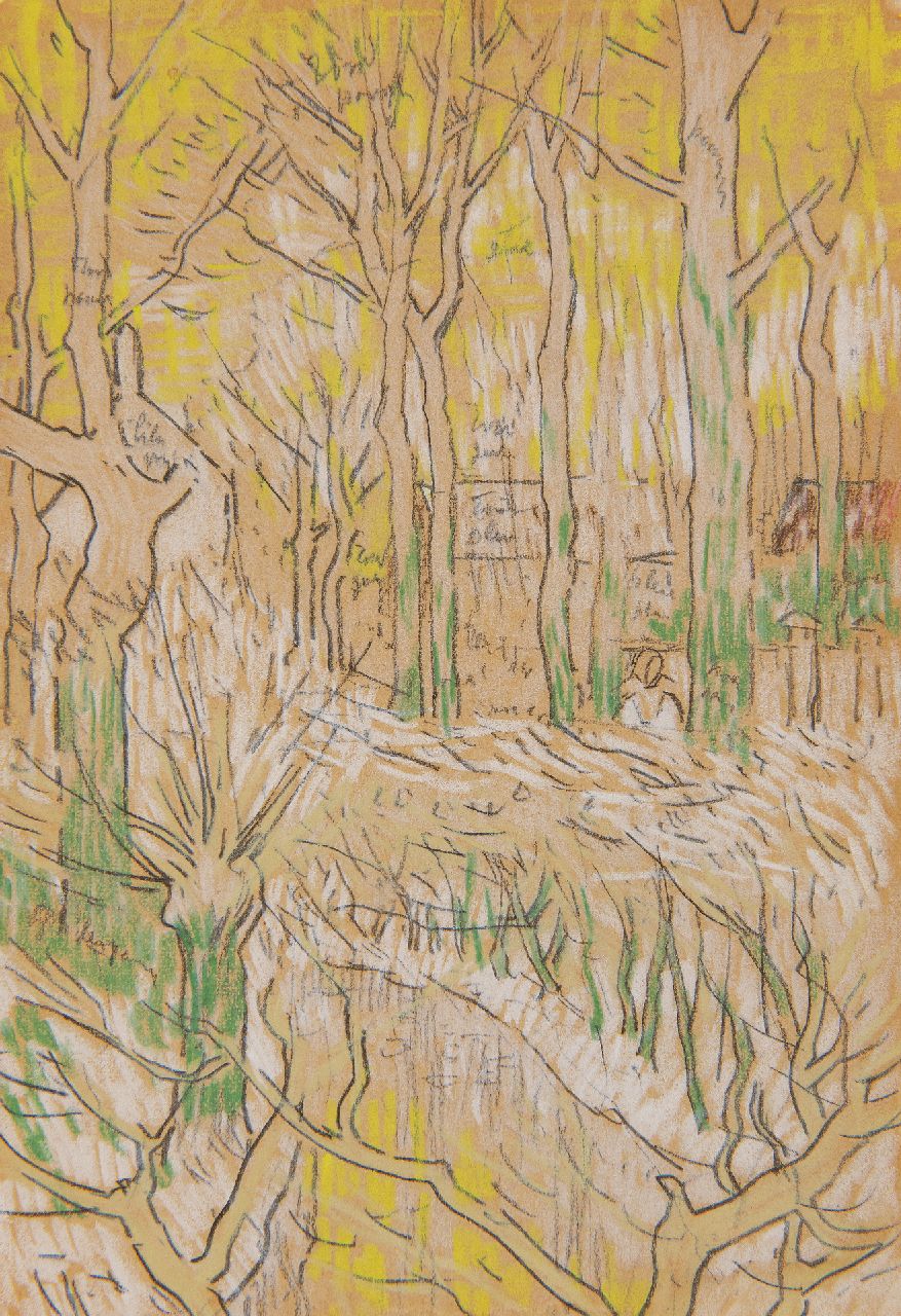 Toorop J.Th.  | Johannes Theodorus 'Jan' Toorop, Kleiner See, umgeben von Bäumen, in der Ferne Bauernhöfe, Schwarze und Farbkreide auf Papier 16,4 x 11,3 cm