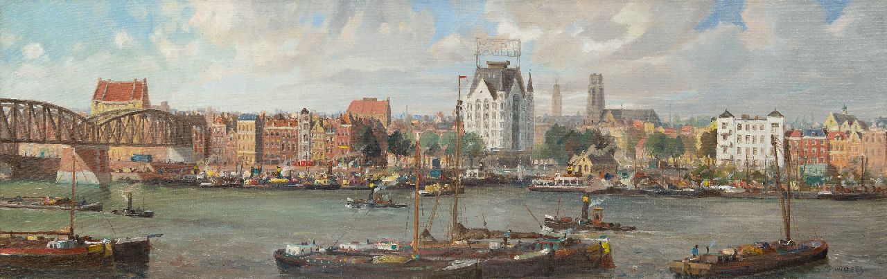 Henk Welther | Panorama von Rotterdam mit dem 'Witte Huis' und links die alte Eisenbahnbrücke, Öl auf Leinwand, 40,1 x 125,1 cm, Unterzeichnet u.r.