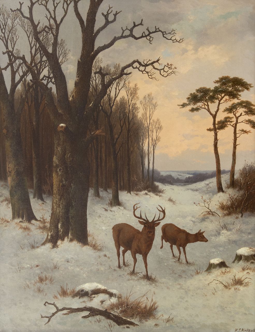Koekkoek P.H.  | Pieter Hendrik 'H.P.' Koekkoek, Hirschwild im Winter, Öl auf Leinwand 91,6 x 70,8 cm, Unterzeichnet u.r. und zu datieren um 1870
