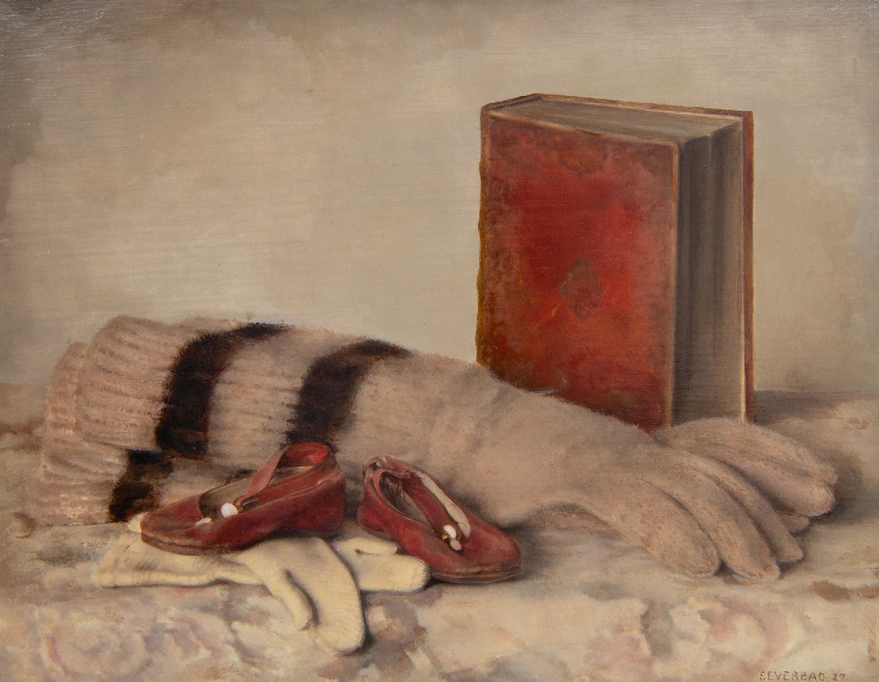 Frans Everbag | Stilleben mit Handshuhe, ein Buch und Kinder Schuhe, Öl auf Holz, 21,0 x 26,9 cm, Unterzeichnet u.r. und datiert '27