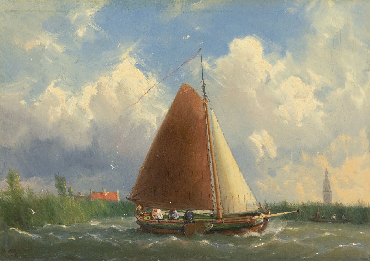 Koekkoek J.H.B.  | Johannes Hermanus Barend 'Jan H.B.' Koekkoek | Gemälde zum Verkauf angeboten | Segeln mit einer Frisische SegelJacht, Öl auf Holz 23,1 x 32,6 cm, Unterzeichnet u.l. und datiert '61