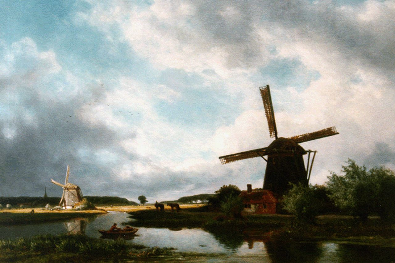 Roelofs W.  | Willem Roelofs, Windmills along a canal, Öl auf Leinwand 68,5 x 99,5 cm, signed l.l.