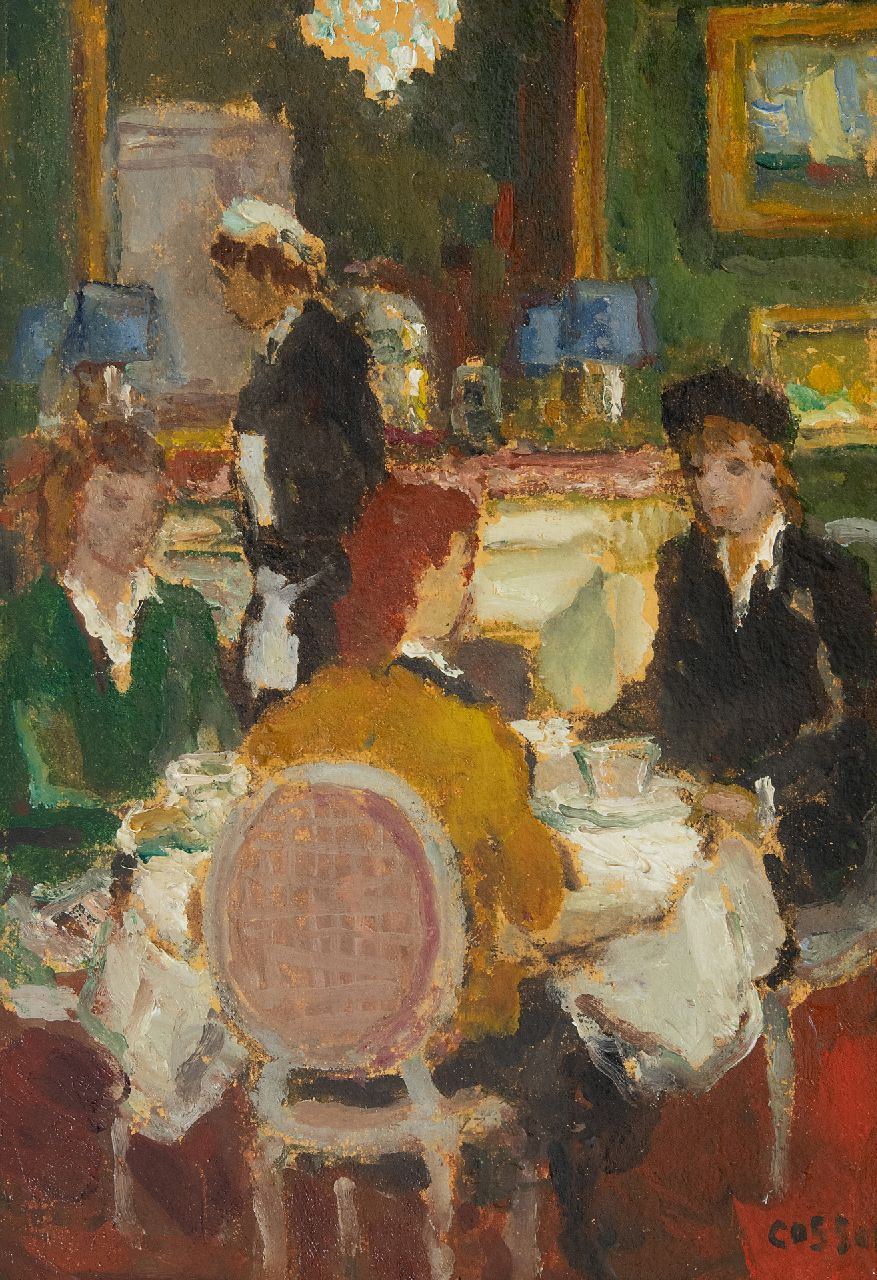 Cosson J.L.M.  | Jean Louis 'Marcel' Cosson | Gemälde zum Verkauf angeboten | Im Restaurant, Öl auf Malereifaser 34,8 x 24,1 cm, Unterzeichnet u.l.