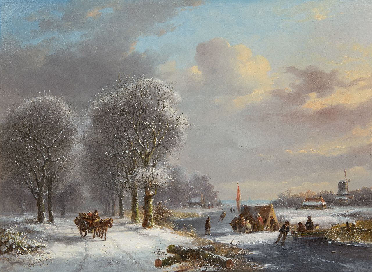 Stok J. van der | Jacobus van der Stok, Winterlandschaft mit Schlittschuhläufern bei einer Bude auf dem Eis, Öl auf Holz 41,0 x 55,5 cm, Unterzeichnet u.l. und datiert '52