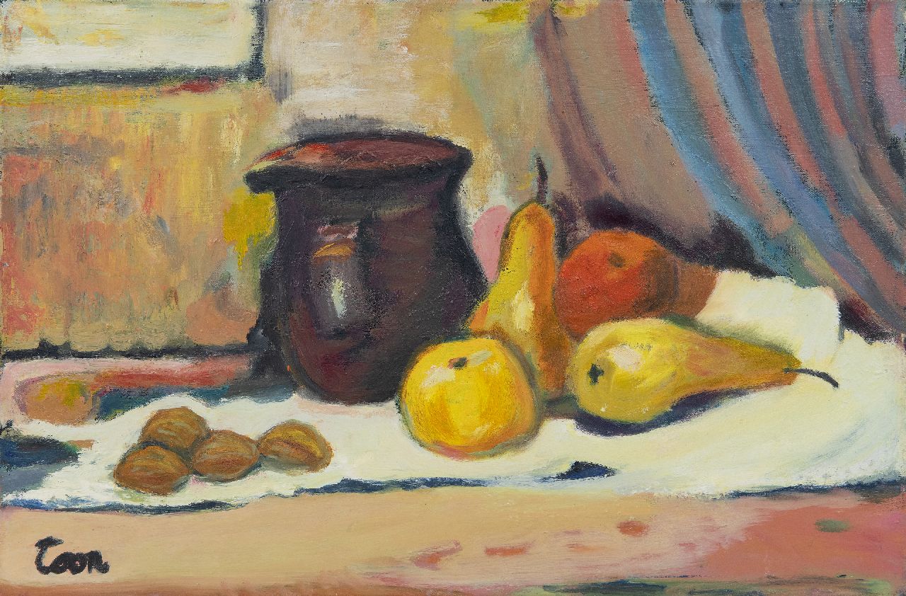 Hermans A.G.T.  | Antoine Gerard Theodore 'Toon' Hermans, Stilleben mit Krug und Birnen, Öl auf Leinwand 40,2 x 60,0 cm, Unterzeichnet u.l.