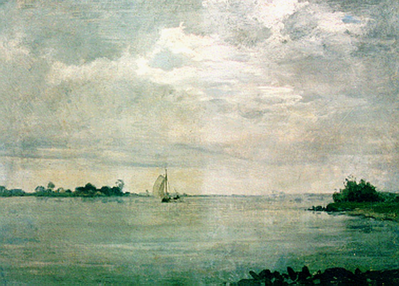 Voerman sr. J.  | Jan Voerman sr., A sailing vessel on a lake, Öl auf Leinwand 30,3 x 42,0 cm