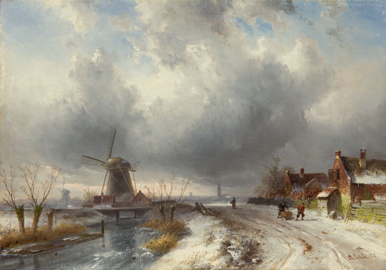 Leickert C.H.J.  | 'Charles' Henri Joseph Leickert, Ausgedehnte Winterlandschaft mit Figuren auf beschneitem Pfad, Öl auf Leinwand 44,0 x 62,7 cm, Unterzeichnet u.r.