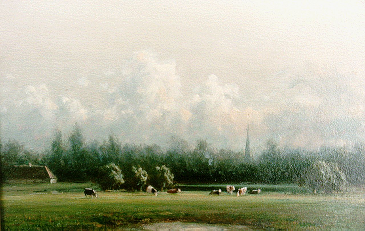Destrée J.J.  | Johannes Josephus Destrée, A polder landscape with cattle grazing, Öl auf Holz 14,5 x 22,0 cm, signed l.r.