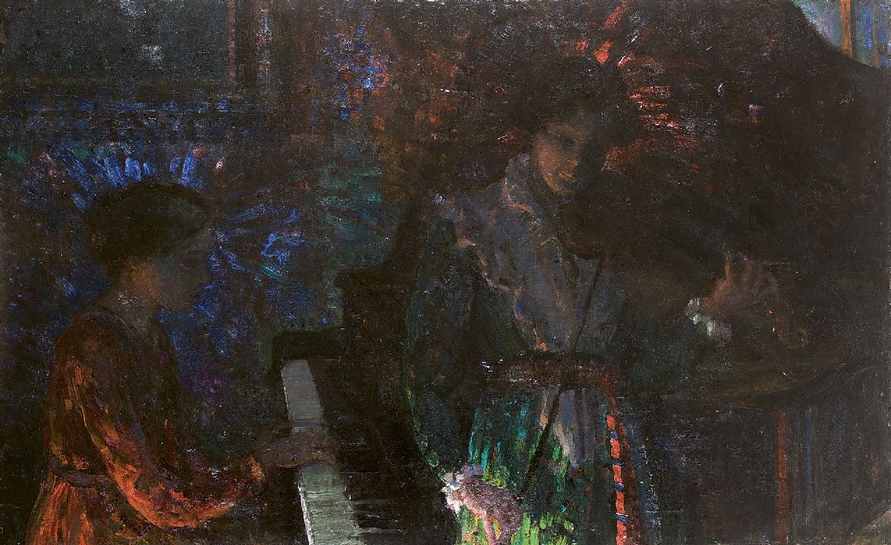 Kamerlingh Onnes H.H.  | 'Harm' Henrick Kamerlingh Onnes, Musizierende Schwestern des Malers, Öl auf Leinwand 100,3 x 160,4 cm, Unterzeichnet r.u. mit Monogramm und zu datieren um 1916-1918