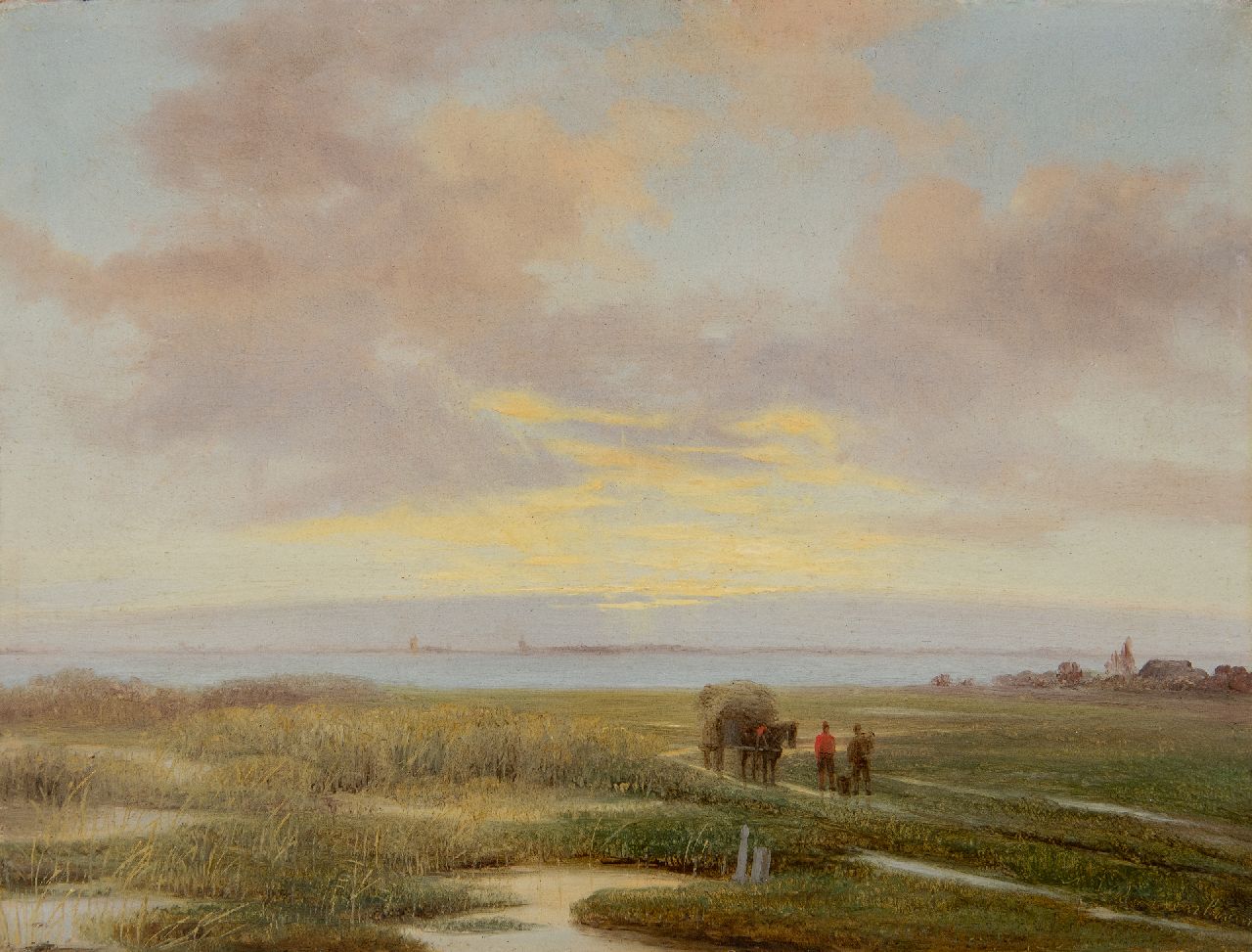 Roosenboom N.J.  | Nicolaas Johannes Roosenboom | Gemälde zum Verkauf angeboten | Landleute mit Heuwagen in der breiten Landschaft, Öl auf Holz 20,5 x 27,0 cm, Unterzeichnet u.r.