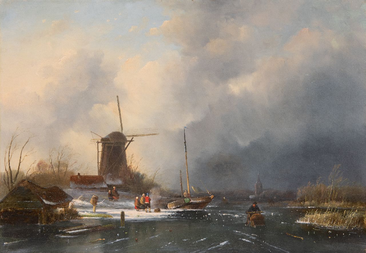 Hoen C.P. 't | Cornelis Petrus 't Hoen, Schlittschuhläufer und Figuren bei herankommendem Schneesturm, Öl auf Holz 41,3 x 58,8 cm, Unterzeichnet u.l.auf dem Bootshaus und datiert 1854