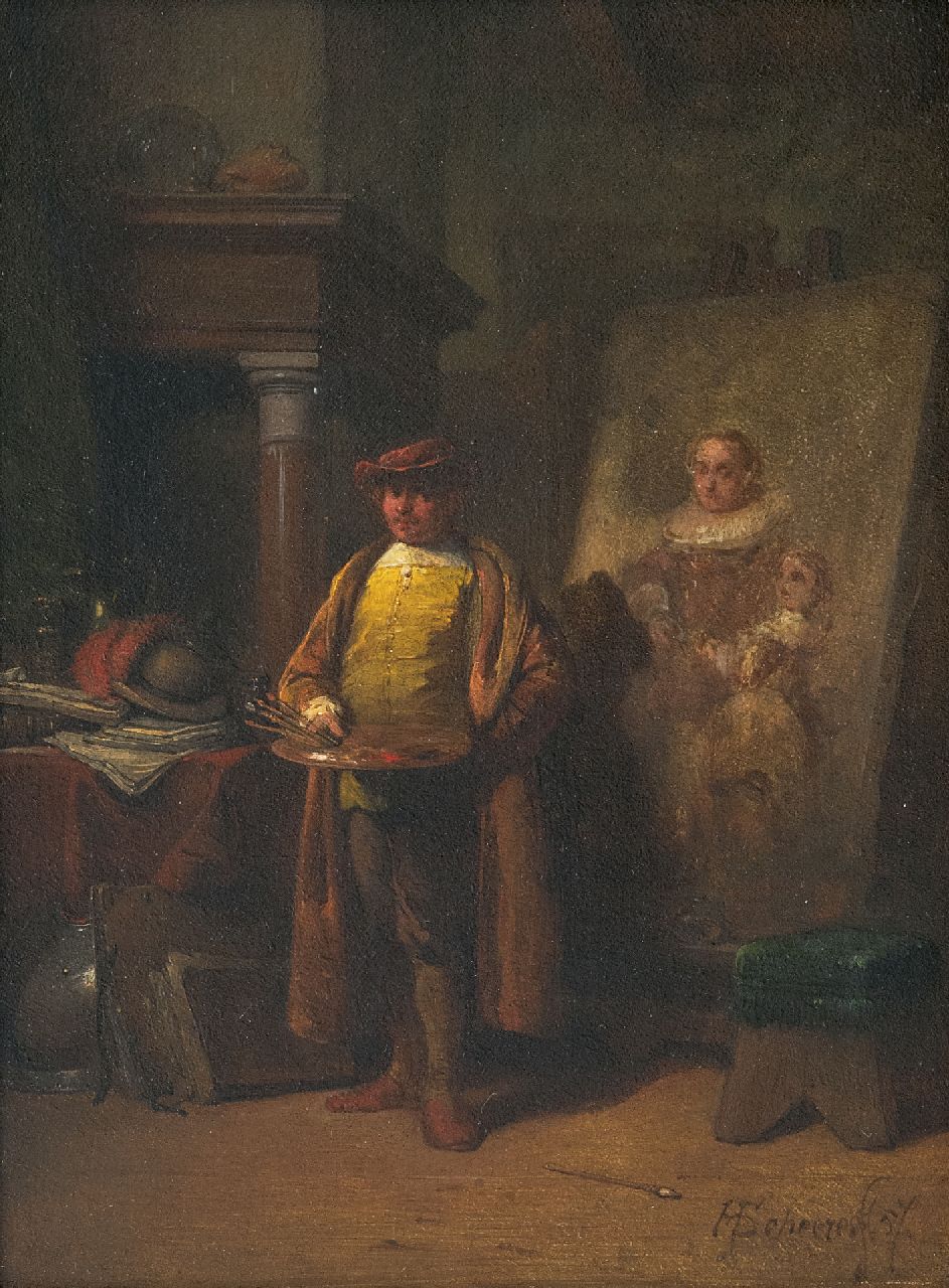 Scheeres H.J.  | Hendricus Johannes Scheeres | Gemälde zum Verkauf angeboten | Rembrandt in seiner Werkstatt, Öl auf Holz 20,5 x 15,0 cm, Unterzeichnet r.u. und datiert '57