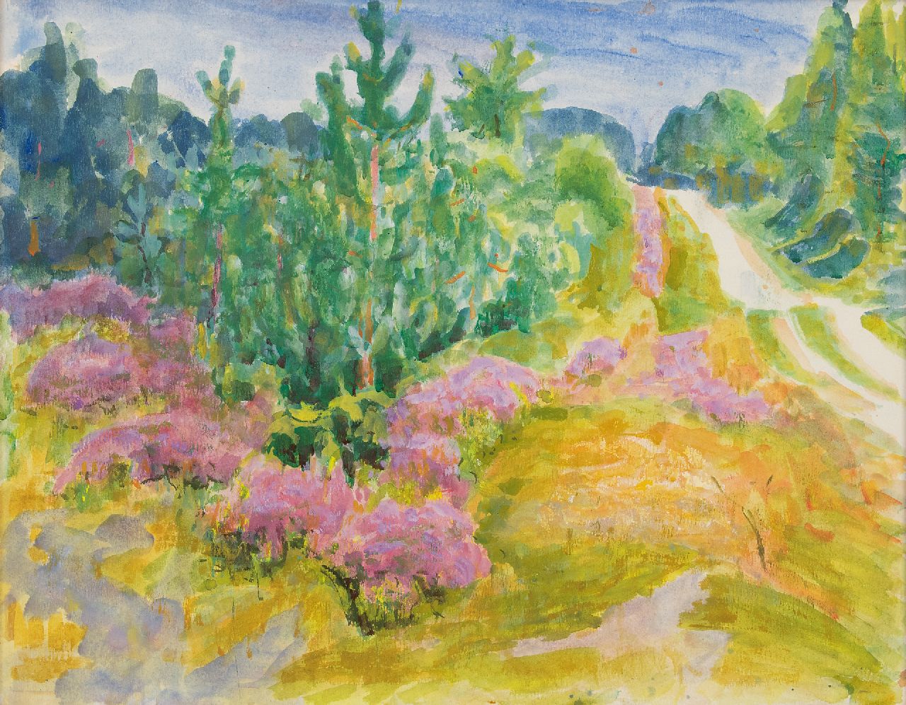 Altink J.  | Jan Altink, Landstraße durch Kiefernwald und blühende Heide, Aquarell auf Papier 54,9 x 69,8 cm