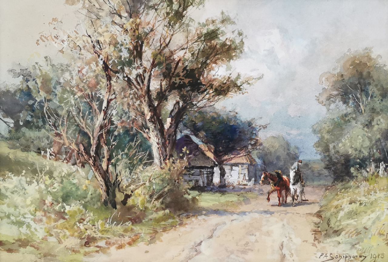 Schipperus P.A.  | Pieter Adrianus 'Piet' Schipperus, A farmer and horses on a country road, Aquarell auf Papier 24,5 x 35,0 cm, Unterzeichnet u.r. und datiert 1918