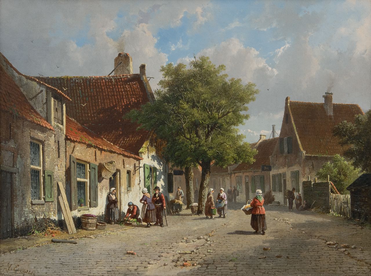 Eversen A.  | Adrianus Eversen, Sonnige straßenszene mit zahlreichen Staffagefiguren, Öl auf Holz 33,0 x 43,9 cm, Unterzeichnet u.l.