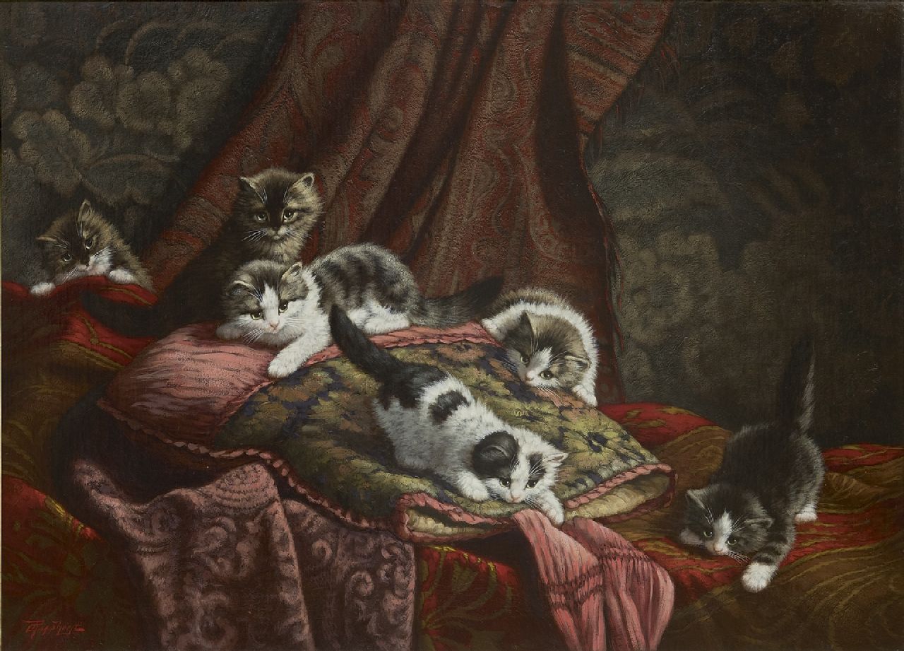 Raaphorst C.  | Cornelis Raaphorst, Sechs Kätzchen spielen in einem Innenraum, Öl auf Leinwand 60,1 x 80,3 cm, Unterzeichnet u.l.