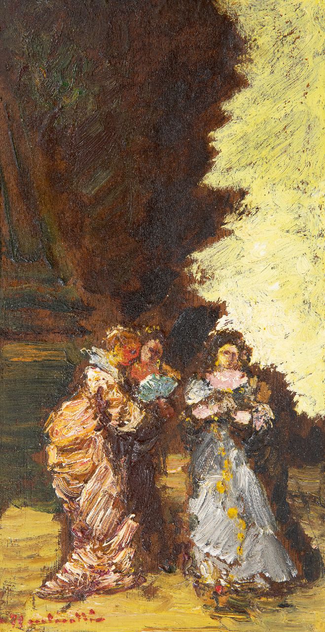 Adolphe Monticelli | Trois femmes dans un parc (Drei Frauen in einem Park), Öl auf Holzfaser auf Tafel, 29,3 x 16,0 cm, Unterzeichnet u.l.