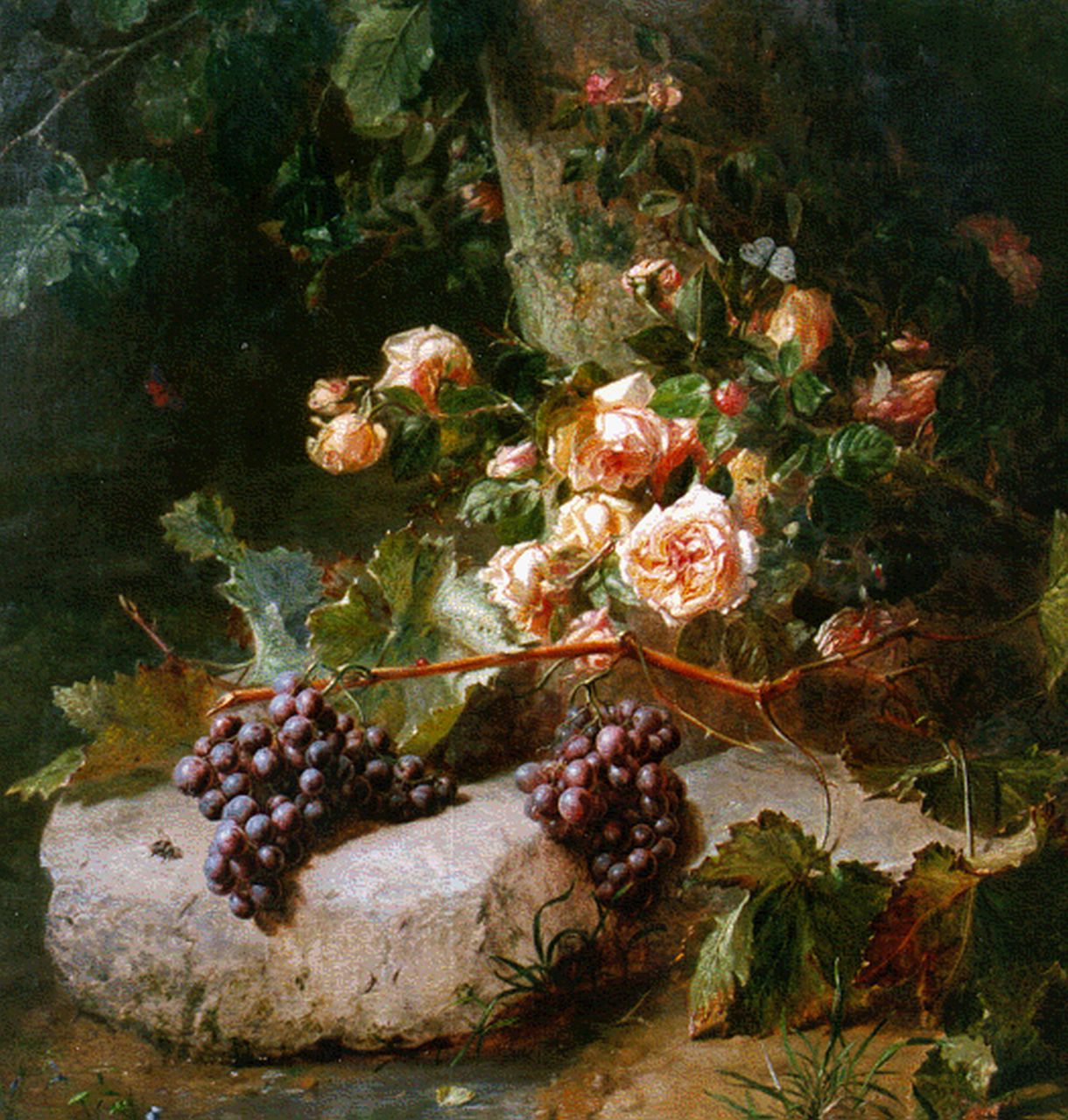 Haanen A.J.  | Adriana Johanna Haanen, A still life with roses and grapes, Öl auf Leinwand 102,0 x 88,3 cm, signed l.r.