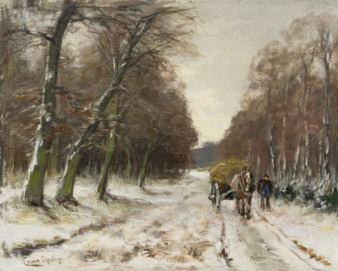 Apol L.F.H.  | Lodewijk Franciscus Hendrik 'Louis' Apol, Mann mit Heuwagen auf beschneitem Waldweg, Öl auf Leinwand 32,6 x 40,5 cm, Unterzeichnet u.l.