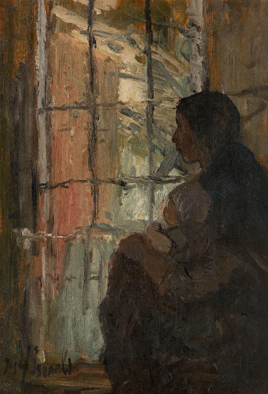 Israëls J.  | Jozef Israëls, Mutter und Kind am Fenster, Öl auf Holz 38,6 x 27,1 cm, Unterzeichnet u.l.