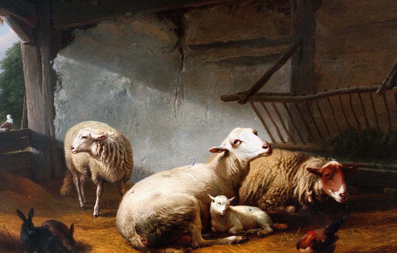 Verboeckhoven E.J.  | Eugène Joseph Verboeckhoven, Sheep in a stable, Öl auf Holz 58,6 x 81,0 cm, signed u.r. und dated 1859
