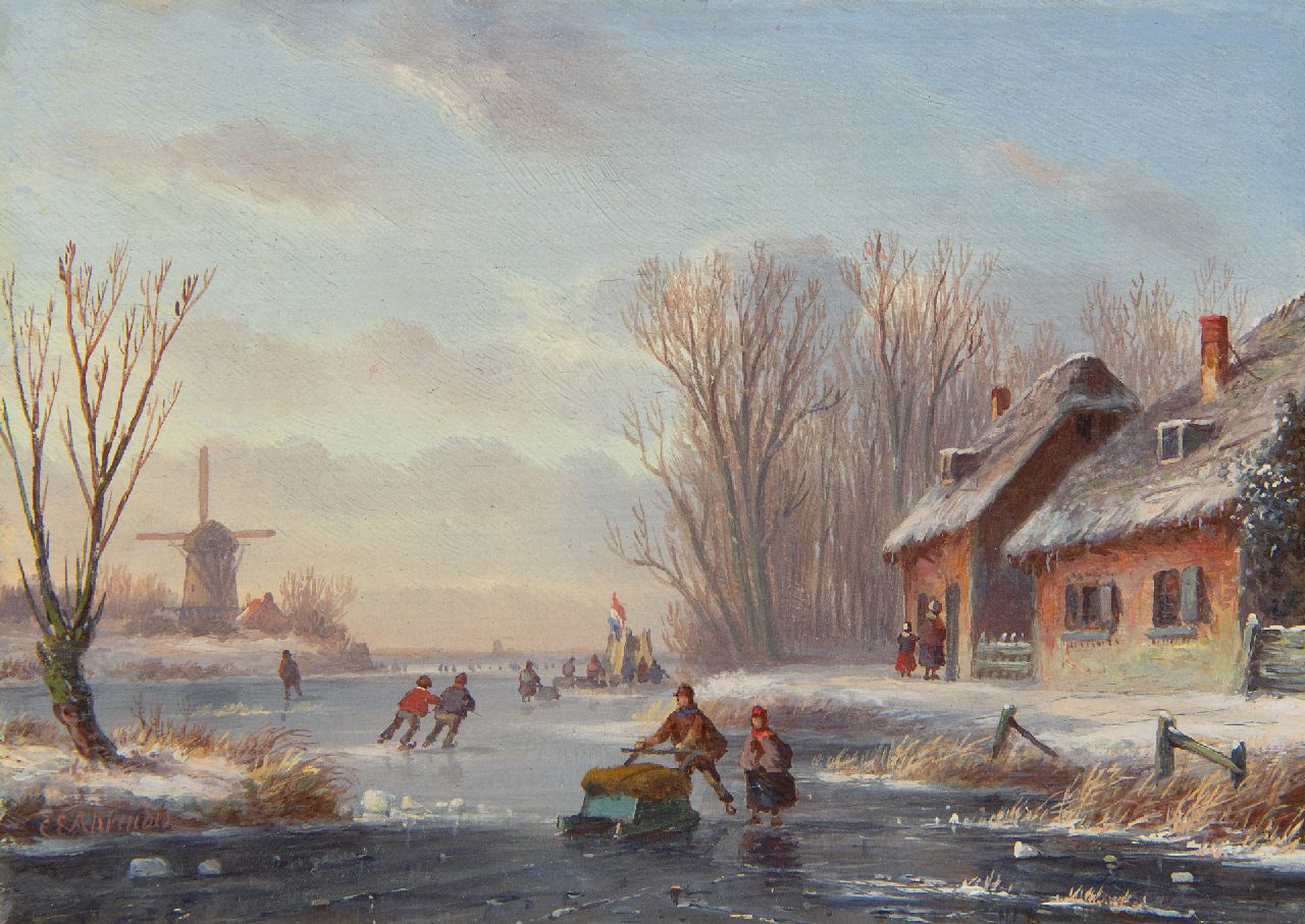 Ahrendts C.E.  | Carl Eduard Ahrendts, Holländische Eisansicht, Öl auf Holz 12,9 x 17,8 cm, Unterzeichnet u.l.