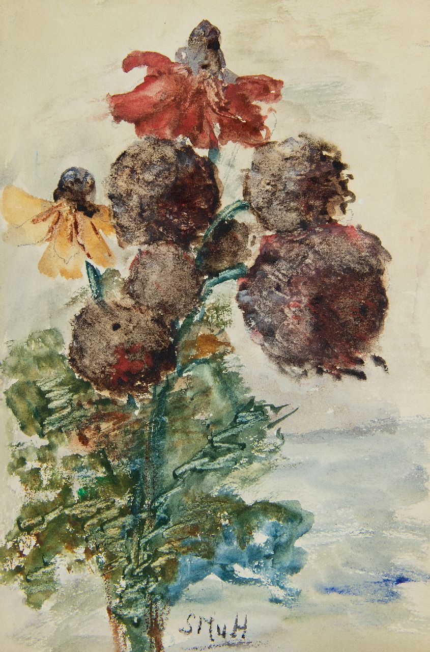 Mesdag-van Houten S.  | Sina 'Sientje' Mesdag-van Houten, Gartensträusslein mit Rudbeckias, Aquarell auf Papier 27,3 x 18,2 cm, Unterzeichnet M.u. mit Initialen
