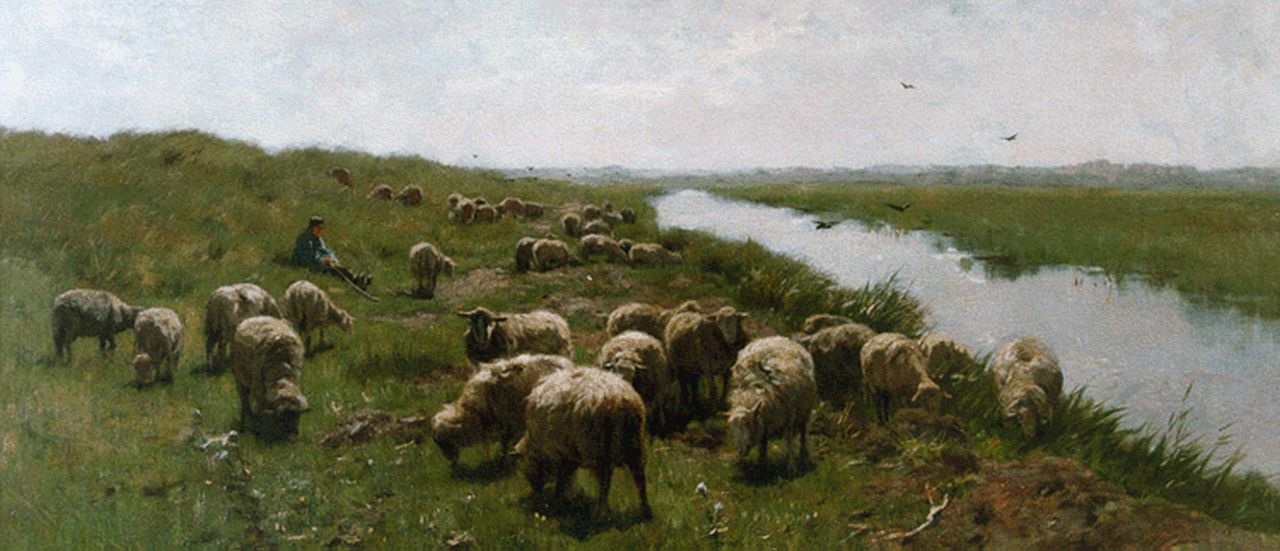 Mauve A.  | Anthonij 'Anton' Mauve, A shepherd and flock in the dunes, Öl auf Leinwand 58,4 x 111,7 cm, signed l.l.