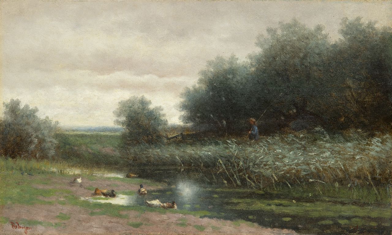 Ingen H.A. van | Hendrikus Alexander van Ingen | Gemälde zum Verkauf angeboten | Landschaft mit Angler, Öl auf Leinwand 30,7 x 50,2 cm, Unterzeichnet u.l.