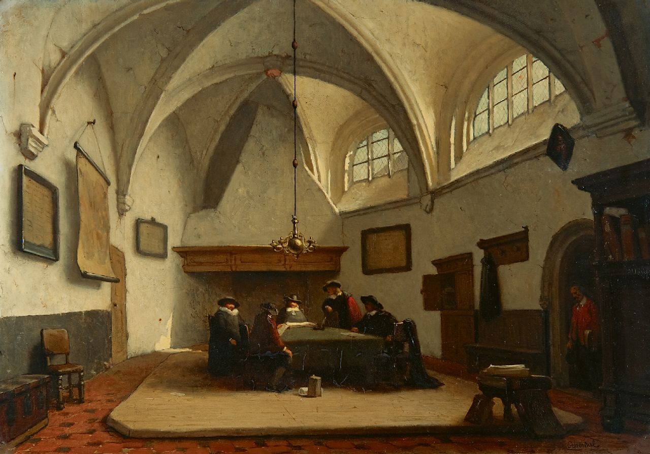 Schenkel J.J.  | Jan Jacob Schenkel, Beigeordnete im Konsistorialzimmer der Grote Kerk, Breda, Öl auf Holz 39,4 x 55,8 cm, Unterzeichnet r.u.