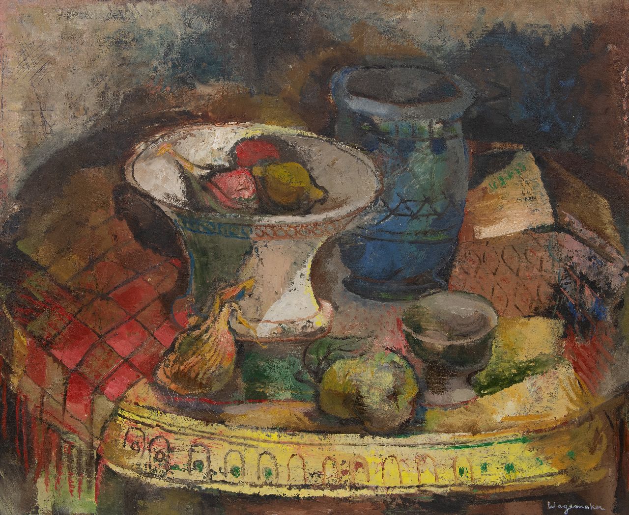 Wagemaker A.B.  | Adriaan Barend 'Jaap' Wagemaker, Stilleben mit Vasen und Obst, Öl auf Leinwand 70,4 x 85,3 cm, Unterzeichnet u.r.