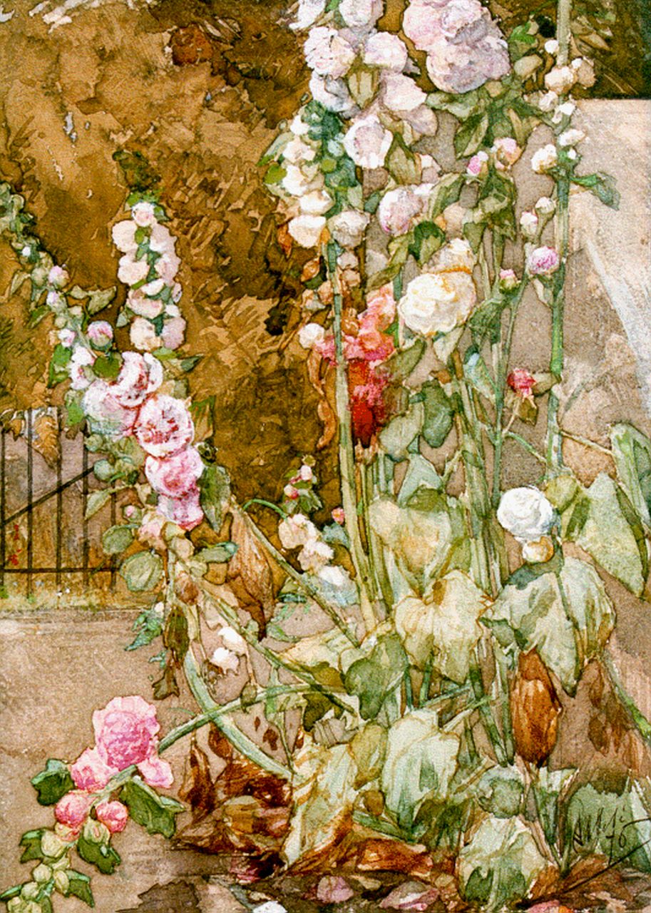 Allebé A.  | Augustus Allebé, hollyhocks, Aquarell auf Papier 35,0 x 25,0 cm, Unterzeichnet r.u. und datiert 1876