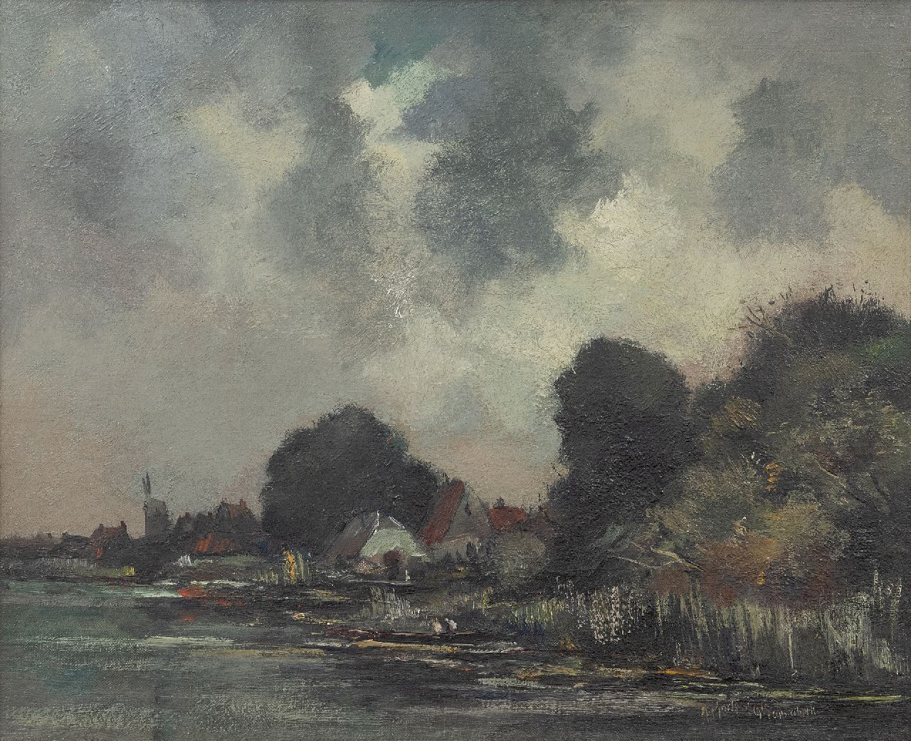 Markus A.  | Antoon Markus, Dorf am Wasser, Öl auf Leinwand 38,3 x 47,4 cm, Unterzeichnet u.r. und datiert 1915 'Oosterbeek'