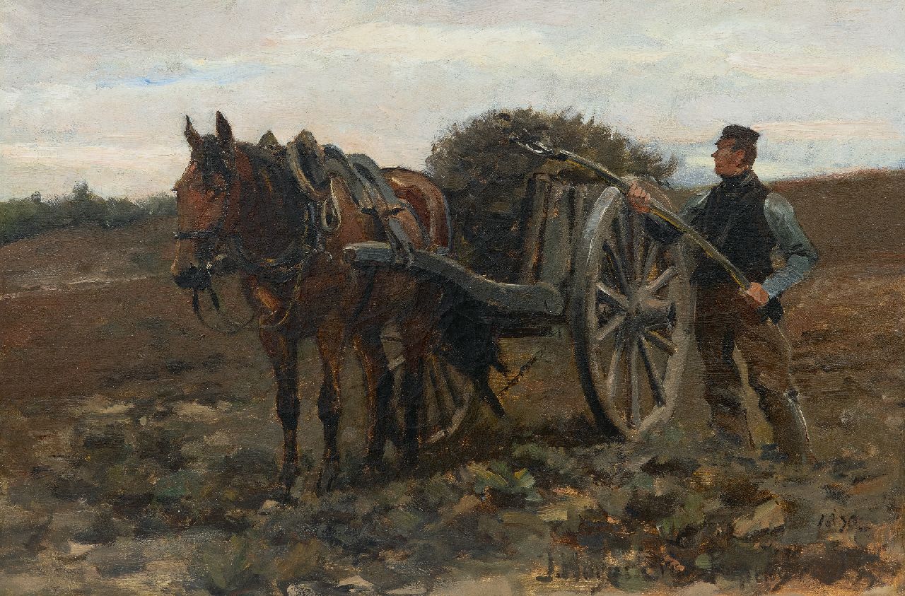 Jan Hoynck van Papendrecht | Bauer mit Pferd und Karren auf dem Feld, Öl auf Leinwand, 32,6 x 48,9 cm, Unterzeichnet u.r. und auf einem Etiket auf der Trage und datiert 1890