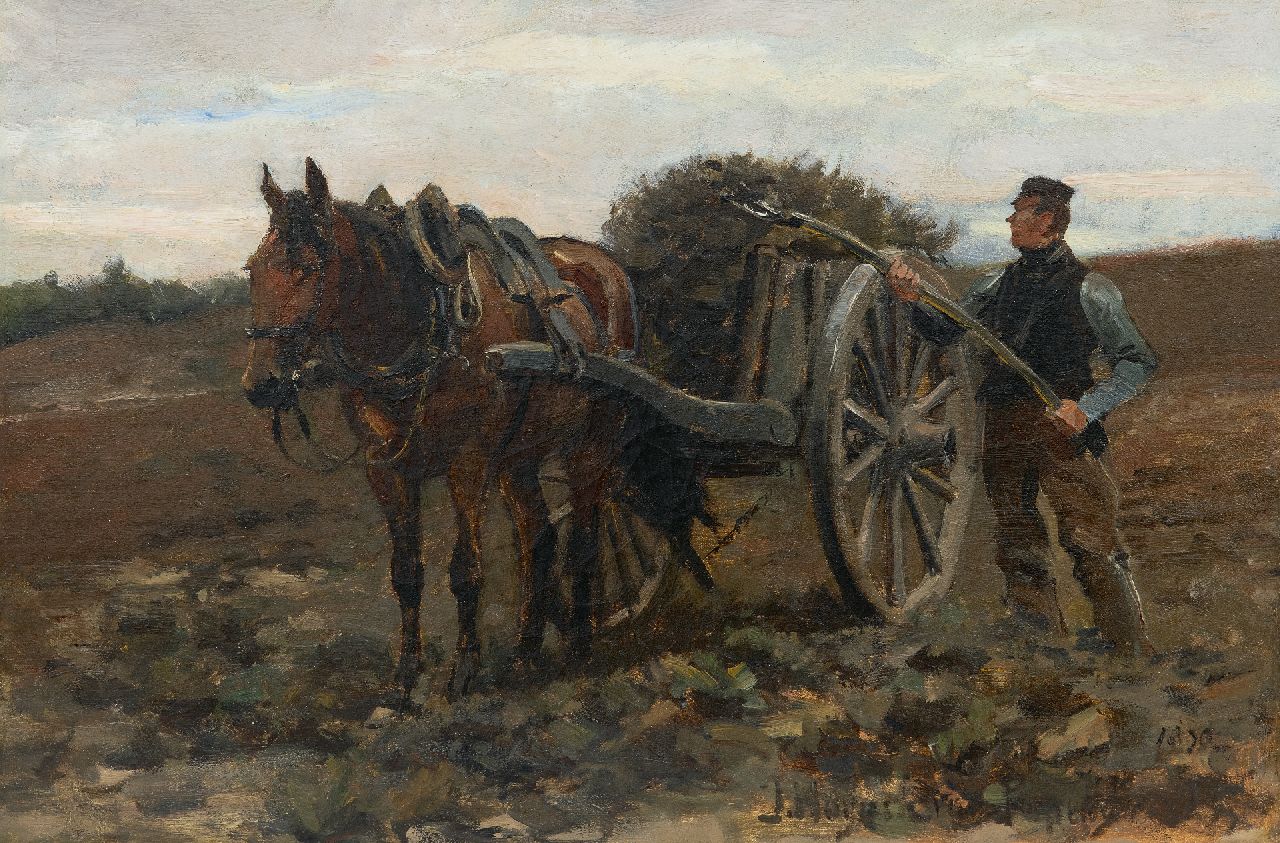 Hoynck van Papendrecht J.  | Jan Hoynck van Papendrecht | Gemälde zum Verkauf angeboten | Bauer mit Pferd und Karren auf dem Feld, Öl auf Leinwand 32,6 x 48,9 cm, Unterzeichnet u.r. und auf einem Etiket auf der Trage und datiert 1890