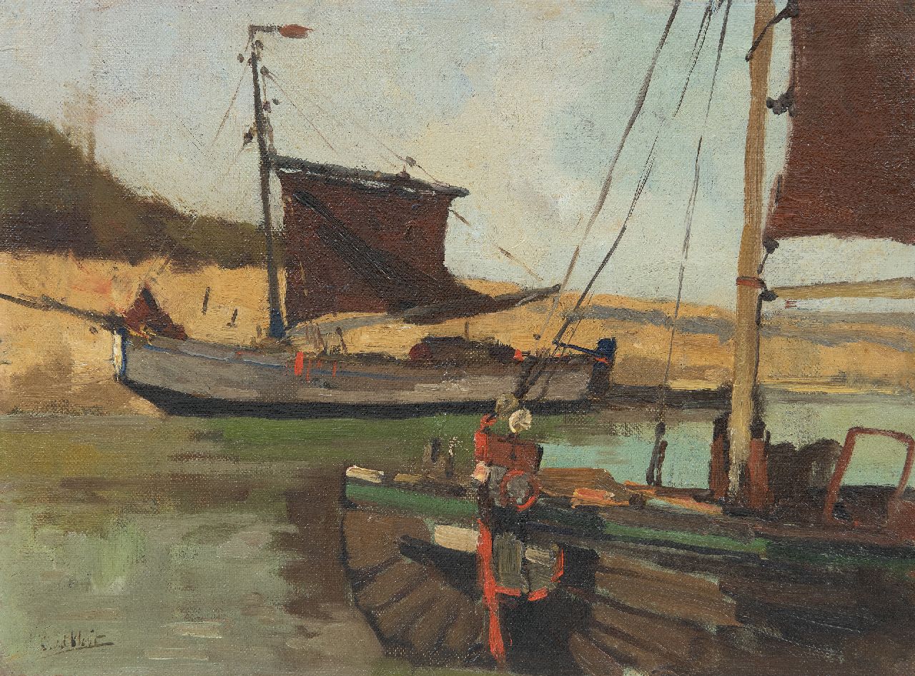 Vlist L. van der | Leendert van der Vlist | Gemälde zum Verkauf angeboten | Plattboden Boote am Ufer, Öl auf Leinwand auf Holz 26,9 x 36,5 cm, Unterzeichnet u.l.