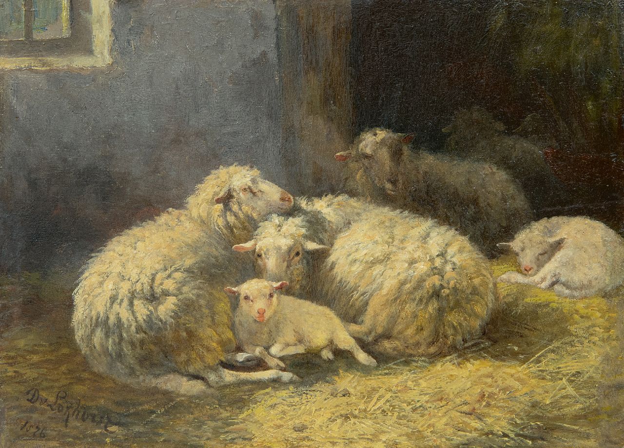 Dirk van Lokhorst | Schafe mit Lämmern im Stall, Öl auf Holz, 18,0 x 24,7 cm, Unterzeichnet u.l. und datiert 1876