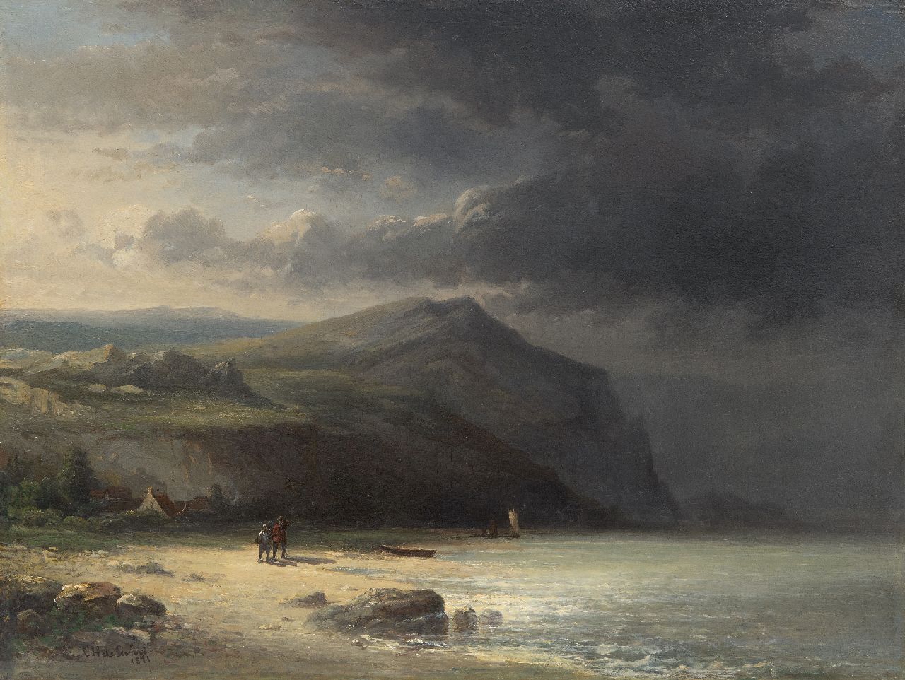 Corstiaan Hendrikus de Swart | Figuren auf dem Strand beim drohenden Wetter, Öl auf Holz, 45,3 x 59,7 cm, Unterzeichnet u.l. und datiert 1871, ohne Rahmen