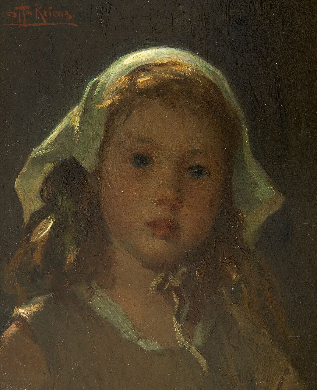 Kriens O.G.A.  | 'Otto' Gustav Adolf Kriens | Gemälde zum Verkauf angeboten | Kopf eines Mädchens, Öl auf Holz 33,0 x 27,2 cm, Unterzeichnet o.l.