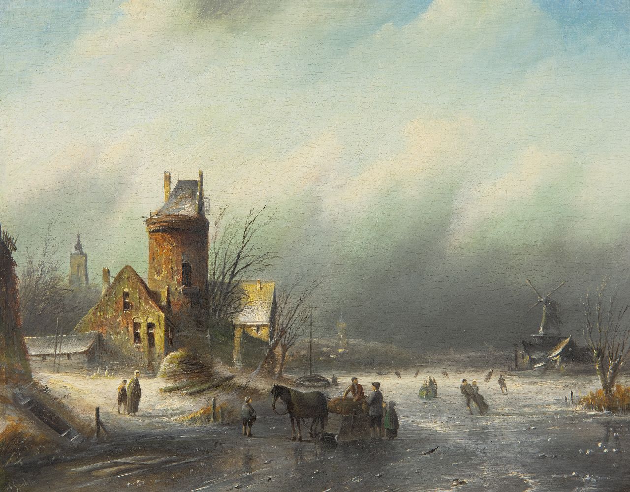 Spohler J.J.C.  | Jacob Jan Coenraad Spohler | Gemälde zum Verkauf angeboten | Winterlandschaft mit Schlittschuhläufern auf einem gefrorener Fluss, Öl auf Holz 21,5 x 27,1 cm, Unterzeichnet u.l.