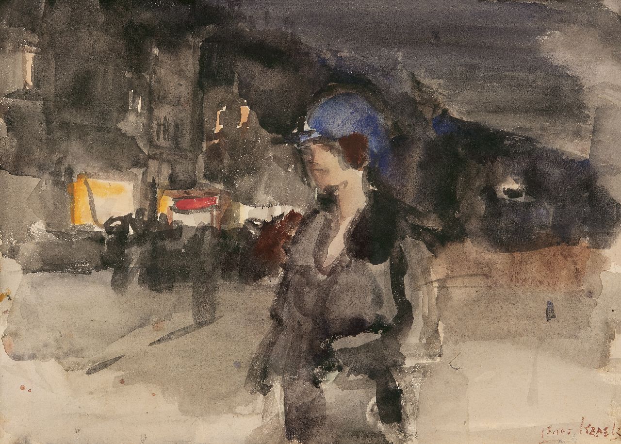 Israels I.L.  | 'Isaac' Lazarus Israels, Frau mit blauem Hut im Geschätsviertel Amsterdam, am Abend, Aquarell auf Papier 25,5 x 35,4 cm, Unterzeichnet u.r.