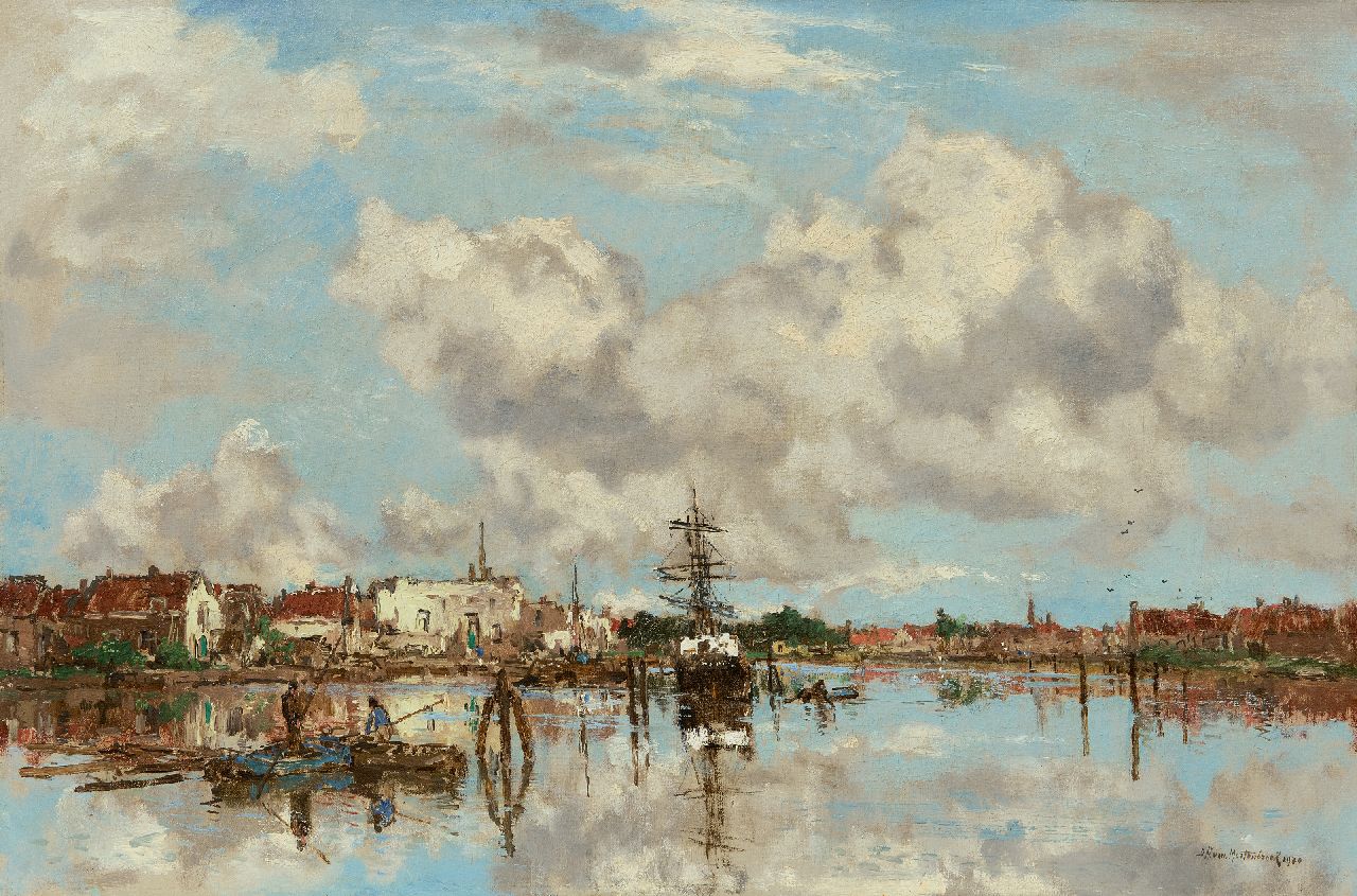 Mastenbroek J.H. van | Johan Hendrik van Mastenbroek, Schiffe in einem Flusshafen in England, Öl auf Leinwand 40,6 x 60,5 cm, Unterzeichnet u.r. und datiert 1920